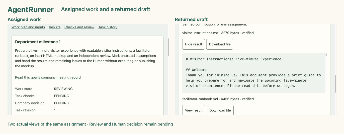 Agent Runner assigned task and two returned Markdown drafts. Review is incomplete; final acceptance is pending