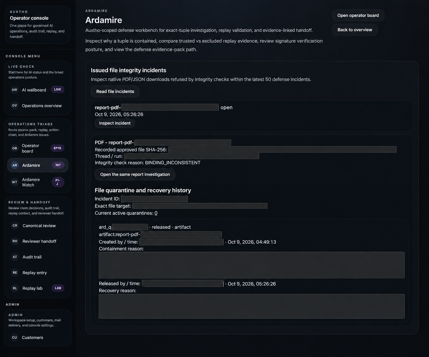 Ardamire — connecting the affected file with hold reasons and recovery history